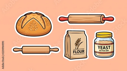Set of cute vector stickers with baking ingredients and tools like bread flour yeast rolling pin