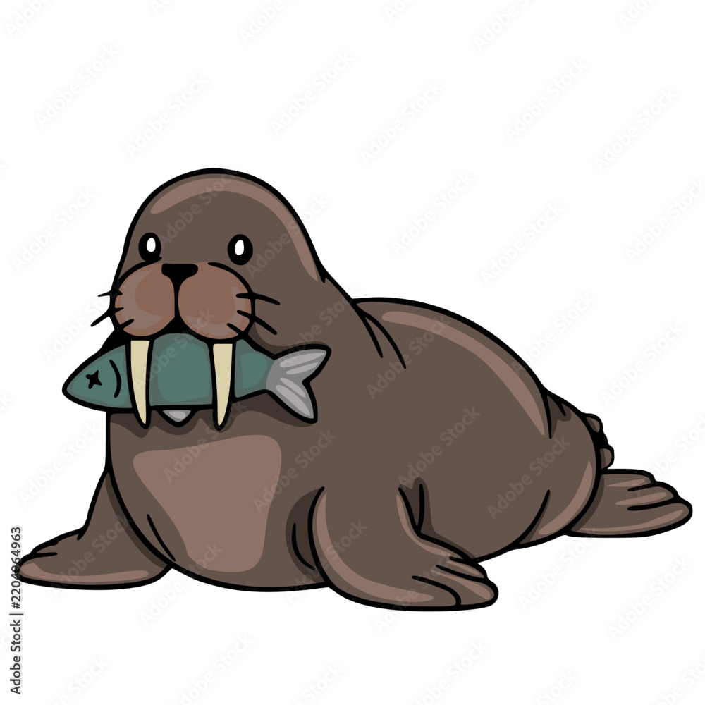 Fototapeta premium Cute cartoon walrus holding a fish in its mouth vector illustration