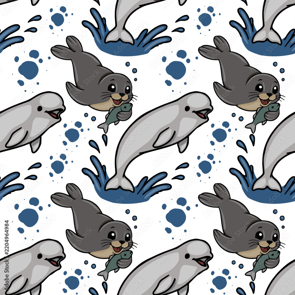 Fototapeta premium Seamless vector pattern with cute cartoon seals and beluga whales jumping in water splashes