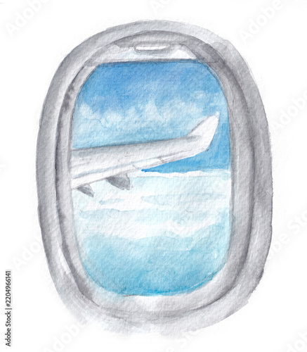 hand drawn watercolor illustration Wing of an airplane flying above the clouds at sunset