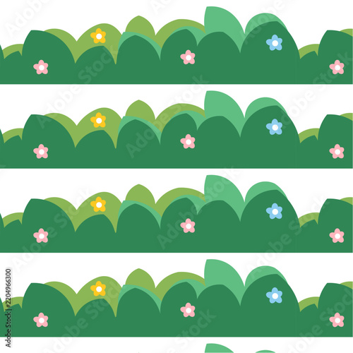 Seamless vector pattern featuring layered green bushes and small colorful flowers, suitable for backgrounds, wallpaper, packaging, stationery, and decorative designs.