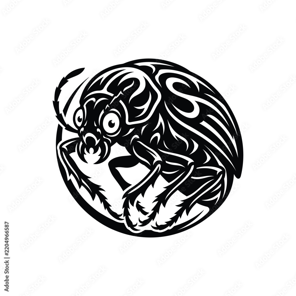 Fototapeta premium Black and white tribal tattoo style illustration of a round beetle bug insect in a circle