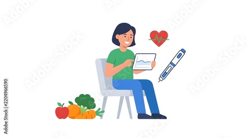 Woman tracking health data on digital device at home.