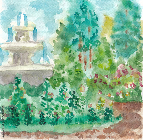 hand drawn watercolor illustration statue water fountain in the park