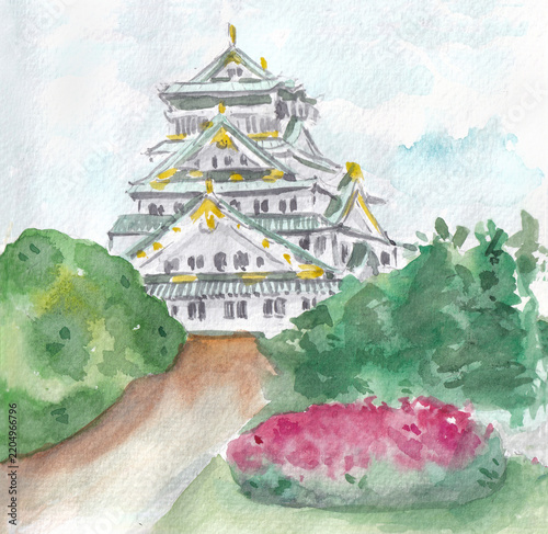 hand drawn watercolor illustration Historic Japanese castle architecture