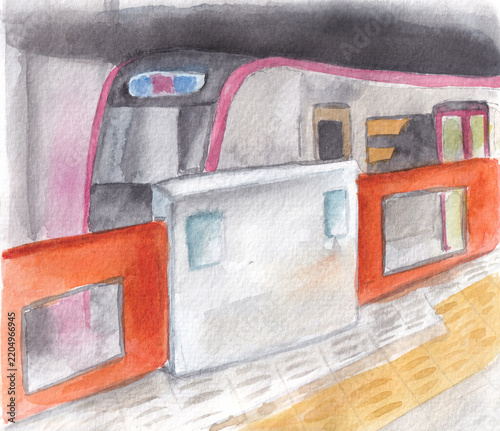 hand drawn watercolor illustration subway train at station closed doors on platform