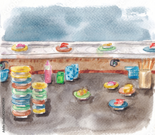 hand drawn watercolor illustration of japanese sushi restaurant with moving belt kaiten