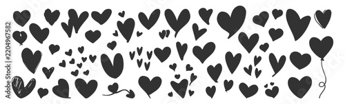Black hand drawn heart icon set with filled and sketched styles