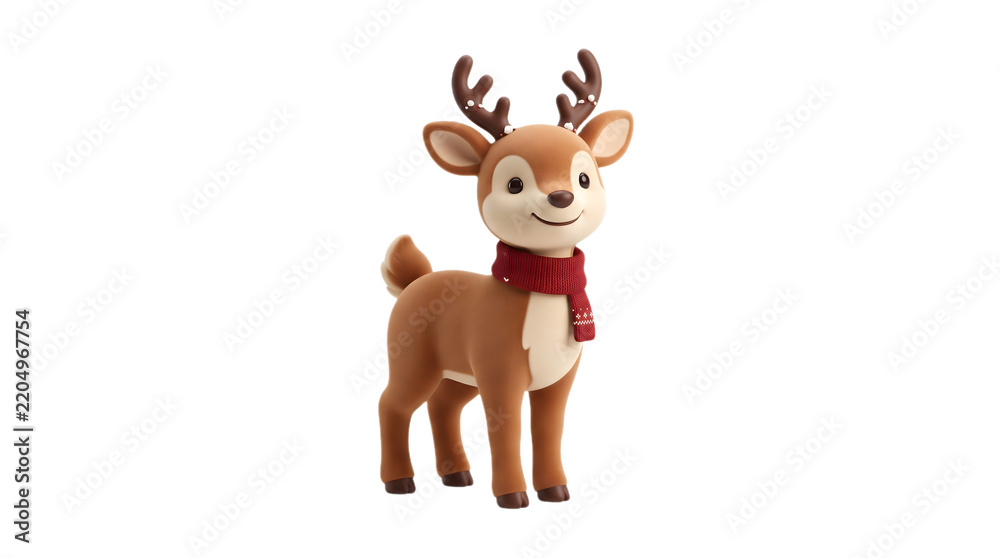 Obraz premium A cute cartoon reindeer figurine wearing a red winter scarf isolated on a white background for Christmas and holiday design projects