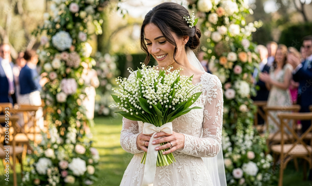 Fototapeta premium Smiling Bride Holding Lily of the Valley Bouquet at Outdoor Garden Wedding Ceremony for Bridal Planning Concept