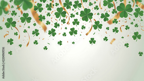 St patricks day festive background with green shamrock clover leaves and gold ribbon streamers