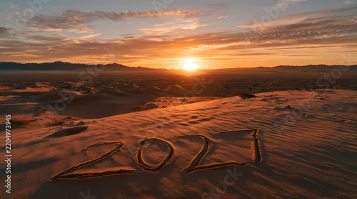 Happy New Year 2027 Handwritten on Desert Sand Dunes at Golden Sunrise