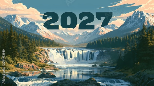 Happy New Year 2027 Nature Adventure Concept, Rushing Waterfalls and Snow Capped Peaks