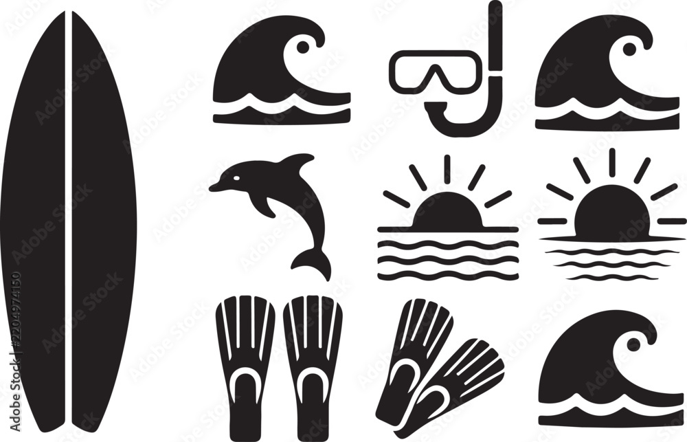 Fototapeta premium Snorkeling and surfing icons depict ocean recreation in black and white