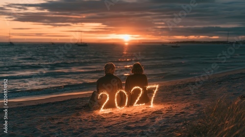 Romantic Couple Sitting on Sandy Beach at Sunset with Sparkler Light Writing 2027 Concept