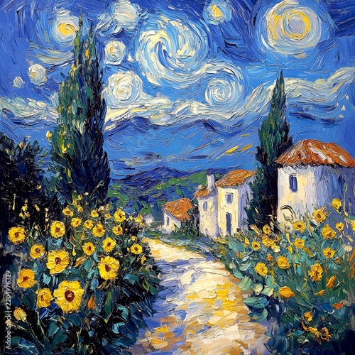 A beautiful village under a starry sky. Bright sunflowers line the path leading to charming houses. The vibrant colors evoke feelings of peace and joy. An artistic landscape painting style. AI