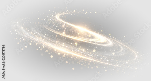 Golden lens flare PNG overlay with luminous spiral rings and glitter particles, on transparent background