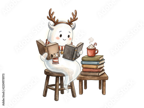 Cute Reindeer Antler Ghost Reading Book Next To Stack Of Books