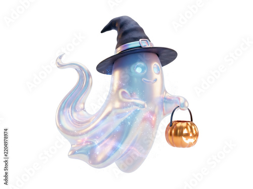 Iridescent Pearlescent Halloween Ghost Wearing Black Witch Hat Holding Pumpkin