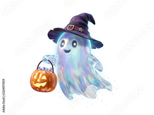Iridescent Halloween Ghost Wearing Purple Witch Hat Holding Glowing Pumpkin Bucket