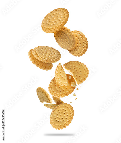 Group of crispy sweet biscuits floating in the air isolated on a transparent background