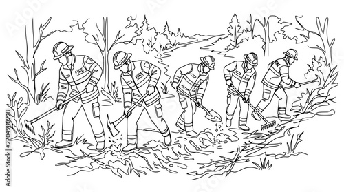 Fotografie Firefighters Creating Firebreak in Forest, Isolated Illustration