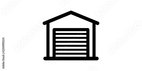 Black outline garage icon with rollup door for parking and storage.