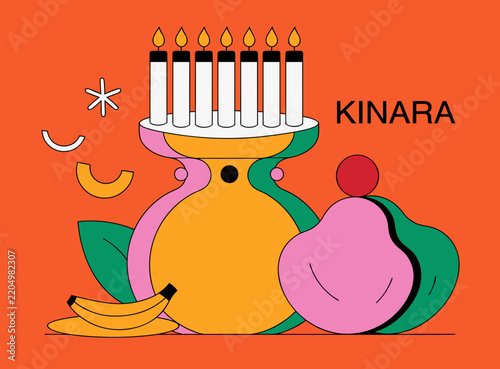 Flat vector-style child drawing of a Kinara and colorful fruits, bold geometric shapes, solid fills, thick friendly outlines, high-contrast palette