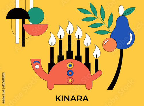 Scalable flat illustration: naive child-drawn Kinara with seven candles and simple fruit icons, smooth shapes, bright saturated colors, clean background