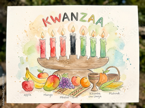 Colorful Kwanzaa celebration illustration with candles and fruits on a wooden table