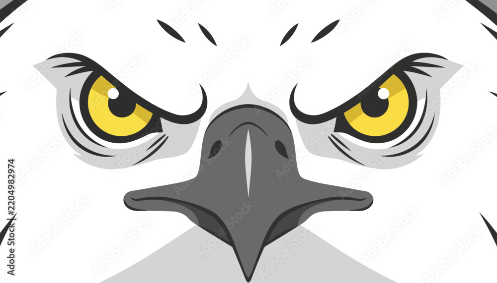 Fototapeta premium Fierce bald eagle face close-up displays intense yellow eyes and sharp dark hooked beak features.