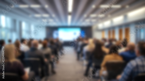 Blurred audience watching a presentation in a conference hall.