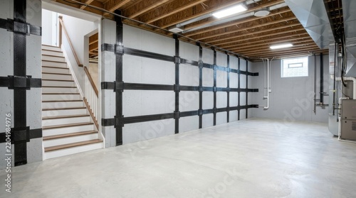 Basement foundation wall reinforced with carbon fiber straps and epoxy