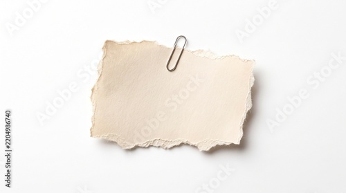 Torn Beige Paper Note With Textured Edges And Metal Paperclip On White