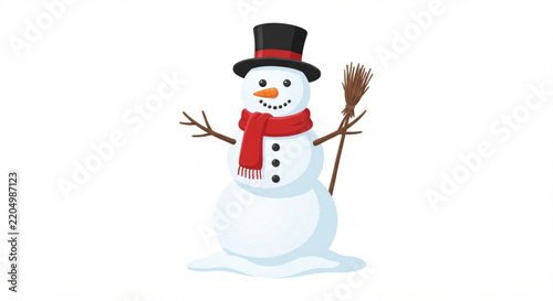 Obraz na plátně Cute cartoon snowman with top hat and red scarf on white background