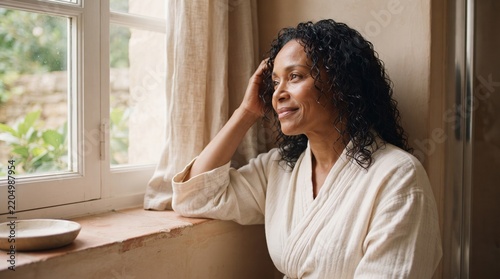 Damp curls frame a calm post-wash bathroom moment