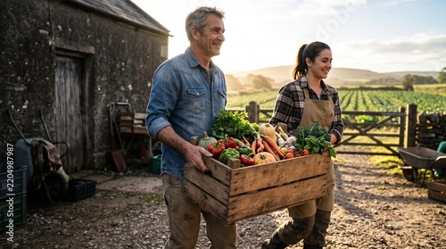 Grower and retailer carry a crate of seasonal produce