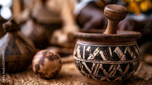 A traditional wooden mortar and pestle with geometric patterns sits on a woven mat  surrounded by handmade pottery and natural objects