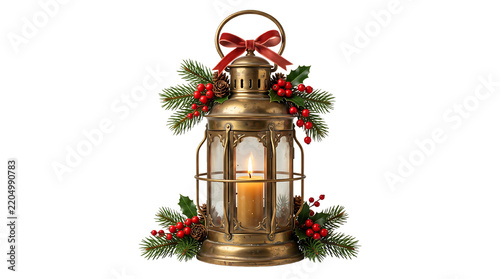 Vintage brass lantern with lit candle and christmas greenery isolated on transparent background png.