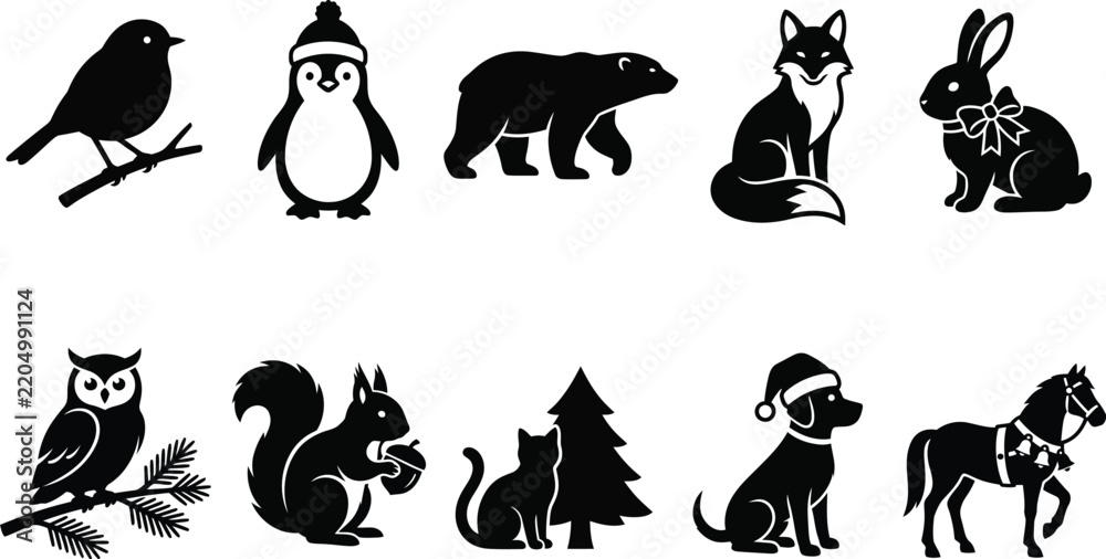 Fototapeta premium Winter Wildlife Animals Forest Fauna Polar Bear Penguin Fox Hare Owl Christmas Dog Silhouette Icon Collection