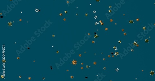 Decorative graphic with metallic and outline stars against a deep blue-green color.