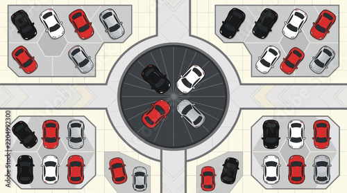Central circular car display in automotive dealership floor.