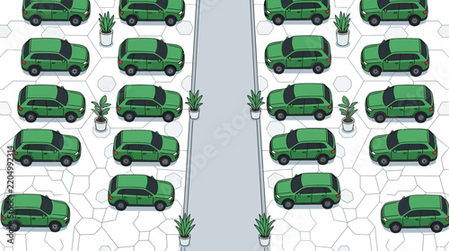 Flat illustration of green SUVs parked in sustainable lot