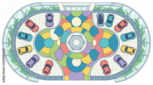 Top down view of circular modern car showroom floor.