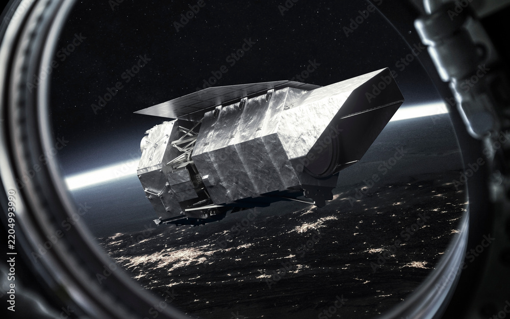 Fototapeta premium Roman Space Telescope Above Earth Seen Through a Spacecraft Window, 3D Illustration