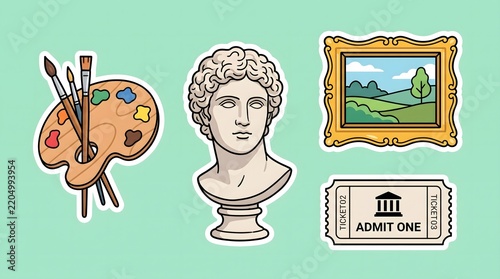 Set of art museum and painting stickers with antique sculpture and palette