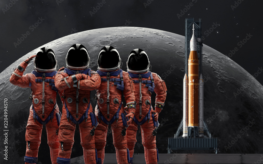 Fototapeta premium Four Astronauts in Orange Spacesuits with a Rocket and the Moon, 3D Illustration