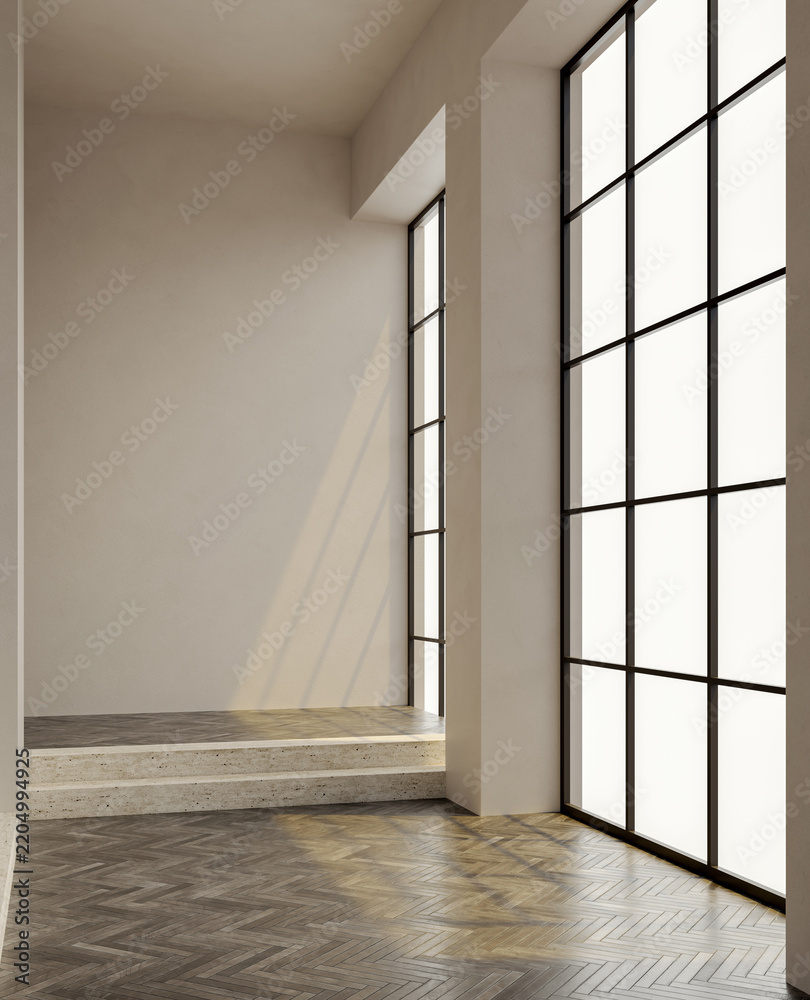 Naklejka premium 3D rendering, 3d illustration, Large Luxury modern living room interior, brutalist architecture realistic lighting, Graphic Overlay wide angle, contemporary furniture, clean lines, minimalist decor,