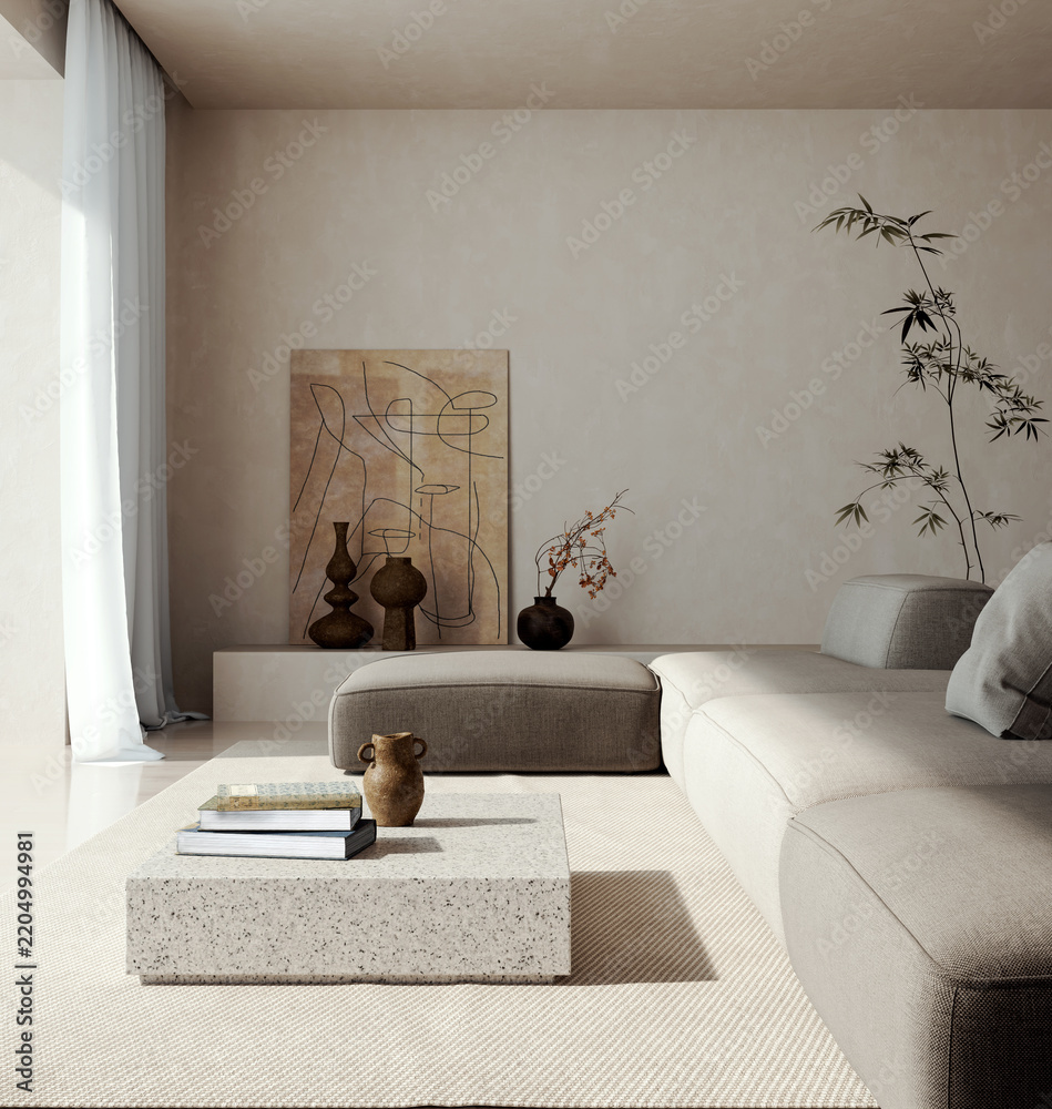 Naklejka premium 3D rendering, 3d illustration, Large Luxury modern living room interior, brutalist architecture realistic lighting, Graphic Overlay wide angle, contemporary furniture, clean lines, minimalist decor,
