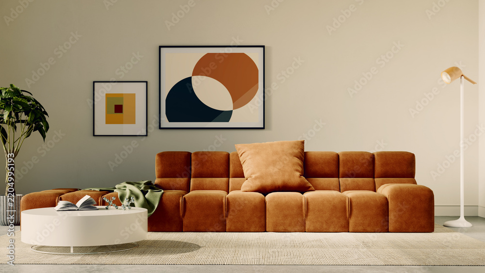 Fototapeta premium 3D rendering, 3d illustration, Large Luxury modern living room interior, brutalist architecture realistic lighting, Graphic Overlay wide angle, contemporary furniture, clean lines, minimalist decor,